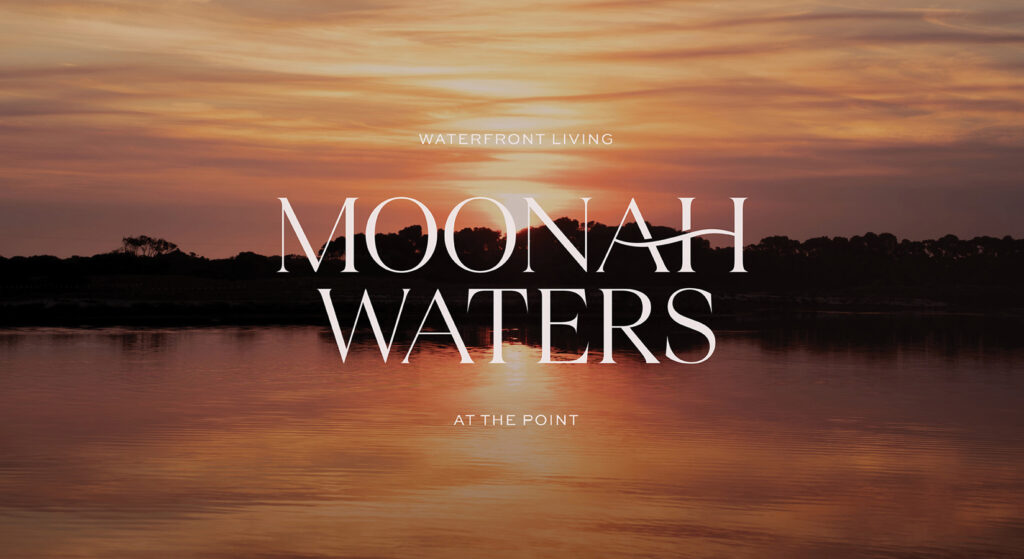 Moonah Waters Brand overlaid on a reflected sunset